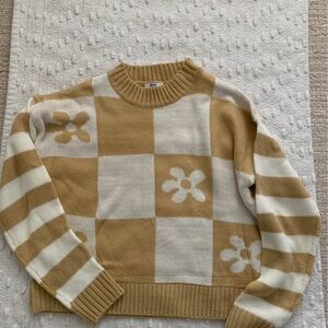 Ardene Cream & Tan Checkered Floral Crewneck Sweater SZ small